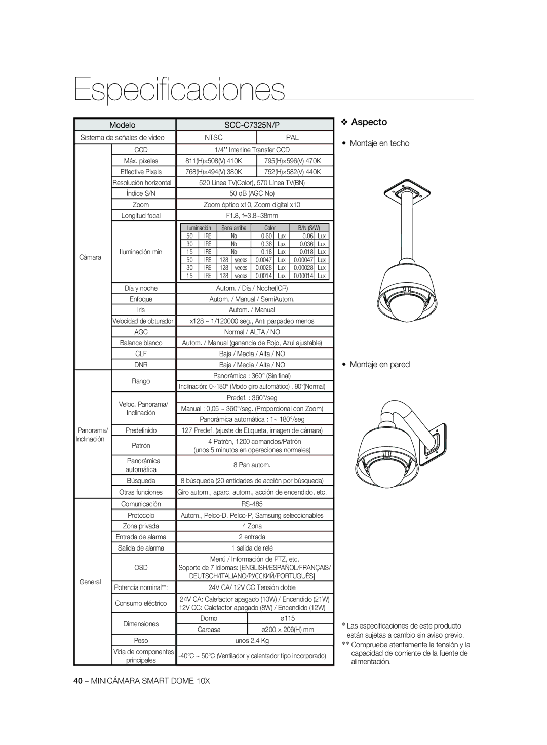 Samsung SCC-C7325N, SCC-C7325P, SCC-C6323P, SCC-C6325P manual Montaje en techo Montaje en pared, 24V CA/ 12V CC Tensión doble 