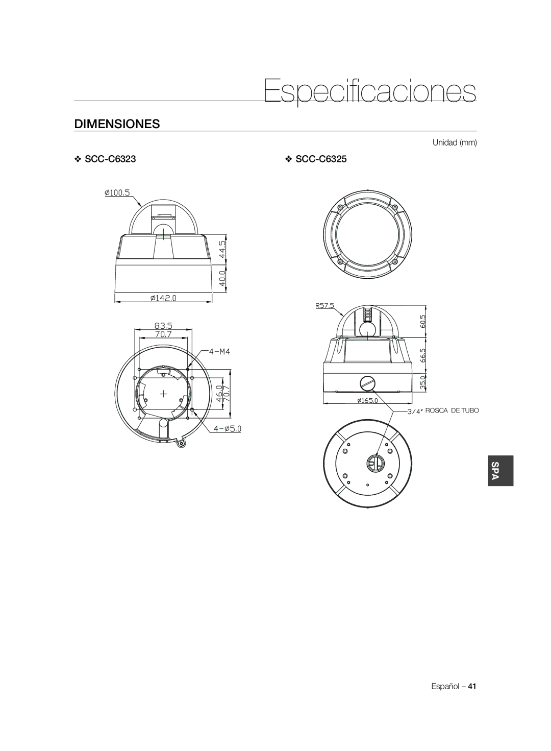 Samsung SCC-C7325P, SCC-C6323P, SCC-C6325P, SCC-C6323N, SCC-C7325N manual Dimensiones, Unidad mm 