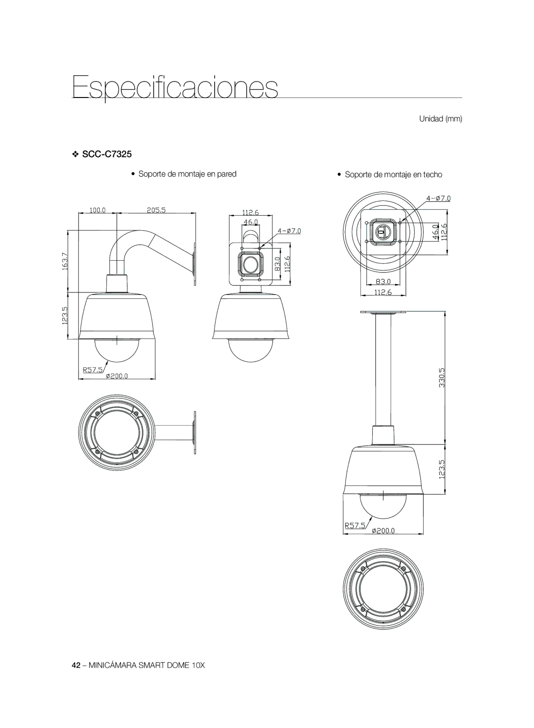 Samsung SCC-C6323P, SCC-C7325P, SCC-C6325P, SCC-C6323N, SCC-C7325N manual Soporte de montaje en pared 