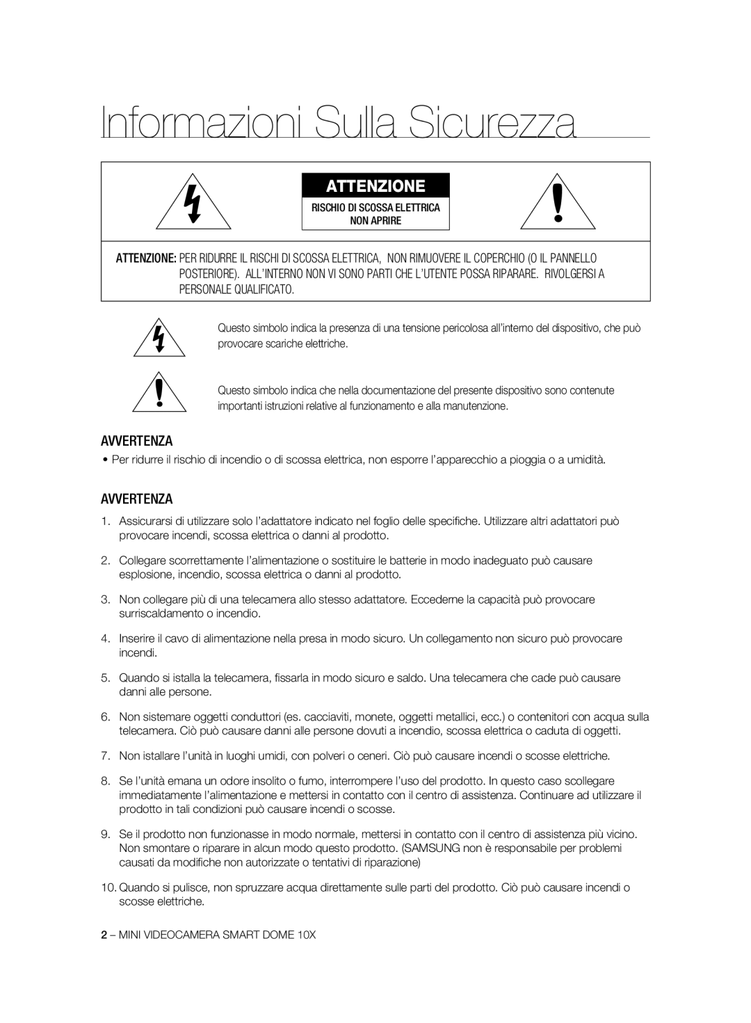 Samsung SCC-C7325N, SCC-C7325P, SCC-C6323P, SCC-C6325P, SCC-C6323N manual Informazioni Sulla Sicurezza, Avvertenza 