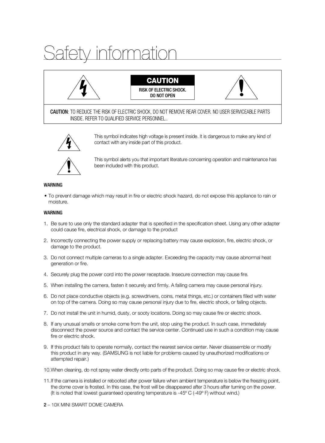 Samsung SCC-C6325P, SCC-C7325P, SCC-C6323P, SCC-C6323N, SCC-C7325N manual Safety information 