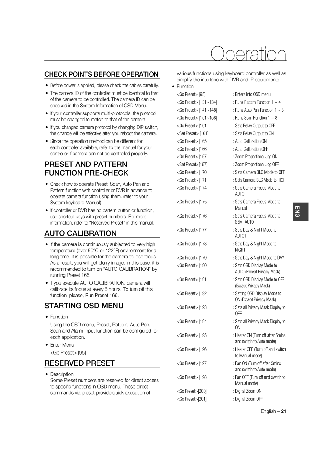 Samsung SCC-C6323P Operation, Preset and Pattern Function PRE-CHECK, Auto Calibration, Starting OSD Menu, Reserved Preset 