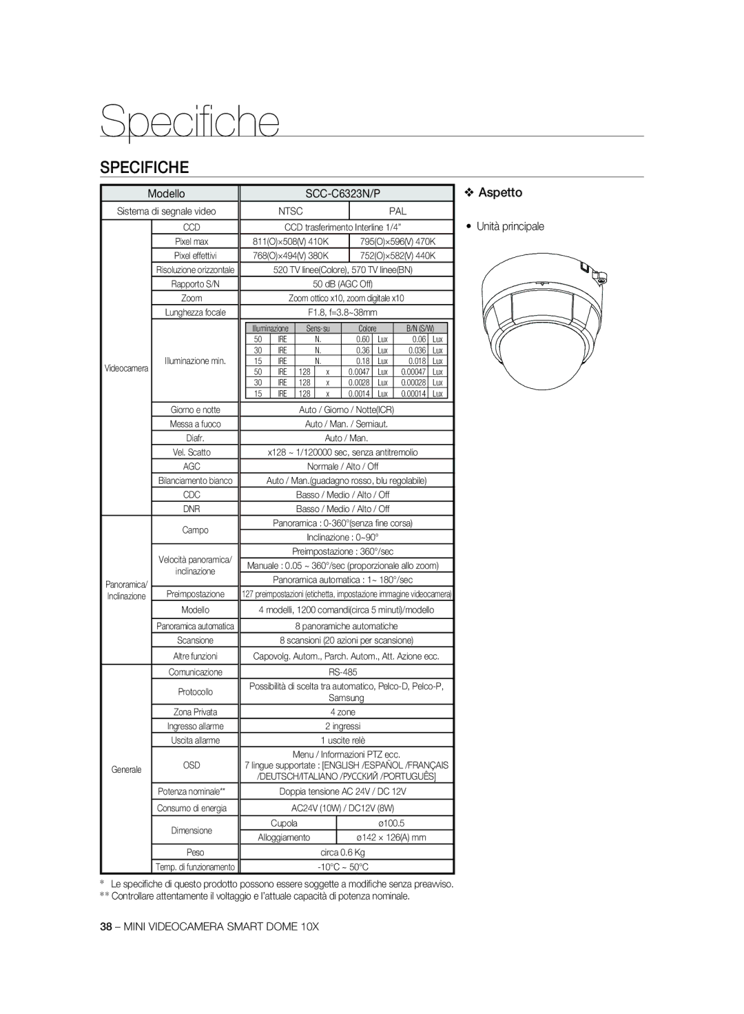 Samsung SCC-C7325P, SCC-C6323P, SCC-C6325P, SCC-C6323N, SCC-C7325N manual Speciﬁ che, Specifiche, Aspetto, Unità principale 