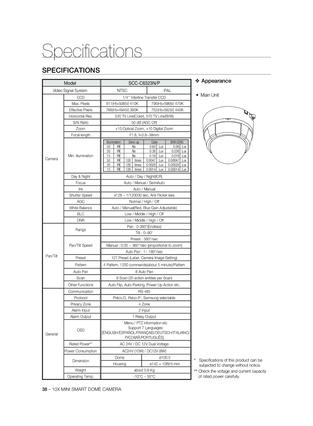 Samsung SCC-C6323N, SCC-C7325P, SCC-C6323P, SCC-C6325P, SCC-C7325N manual Speciﬁ cations, Specifications, Appearance 