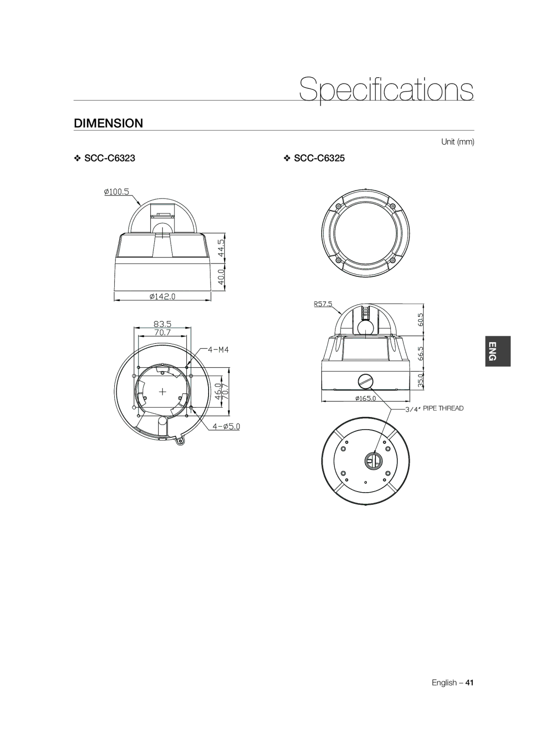 Samsung SCC-C6323P, SCC-C7325P, SCC-C6325P, SCC-C6323N, SCC-C7325N manual Dimension, Unit mm 