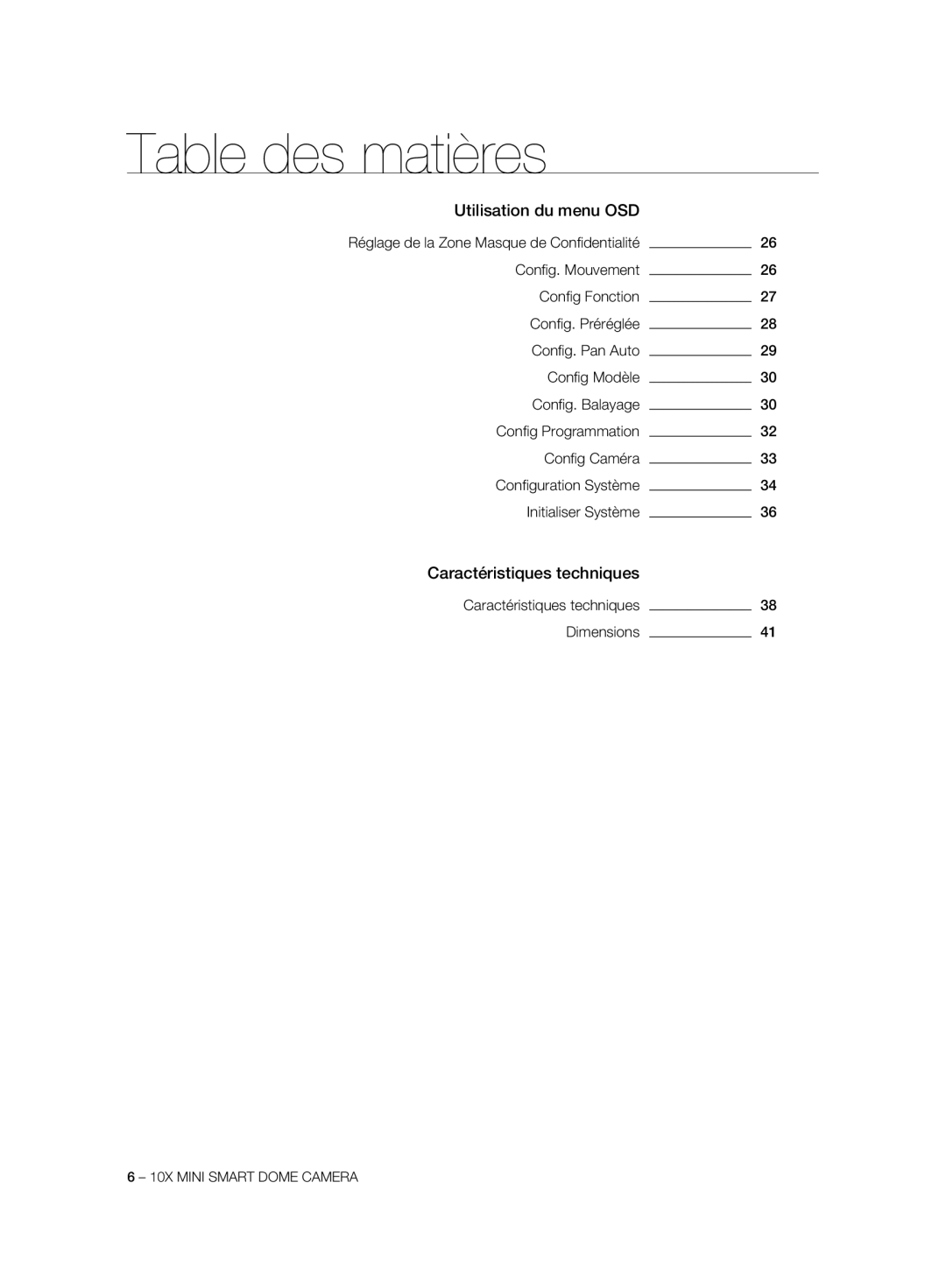 Samsung SCC-C7325N, SCC-C7325P, SCC-C6323P, SCC-C6325P manual Utilisation du menu OSD, Caractéristiques techniques, Dimensions 