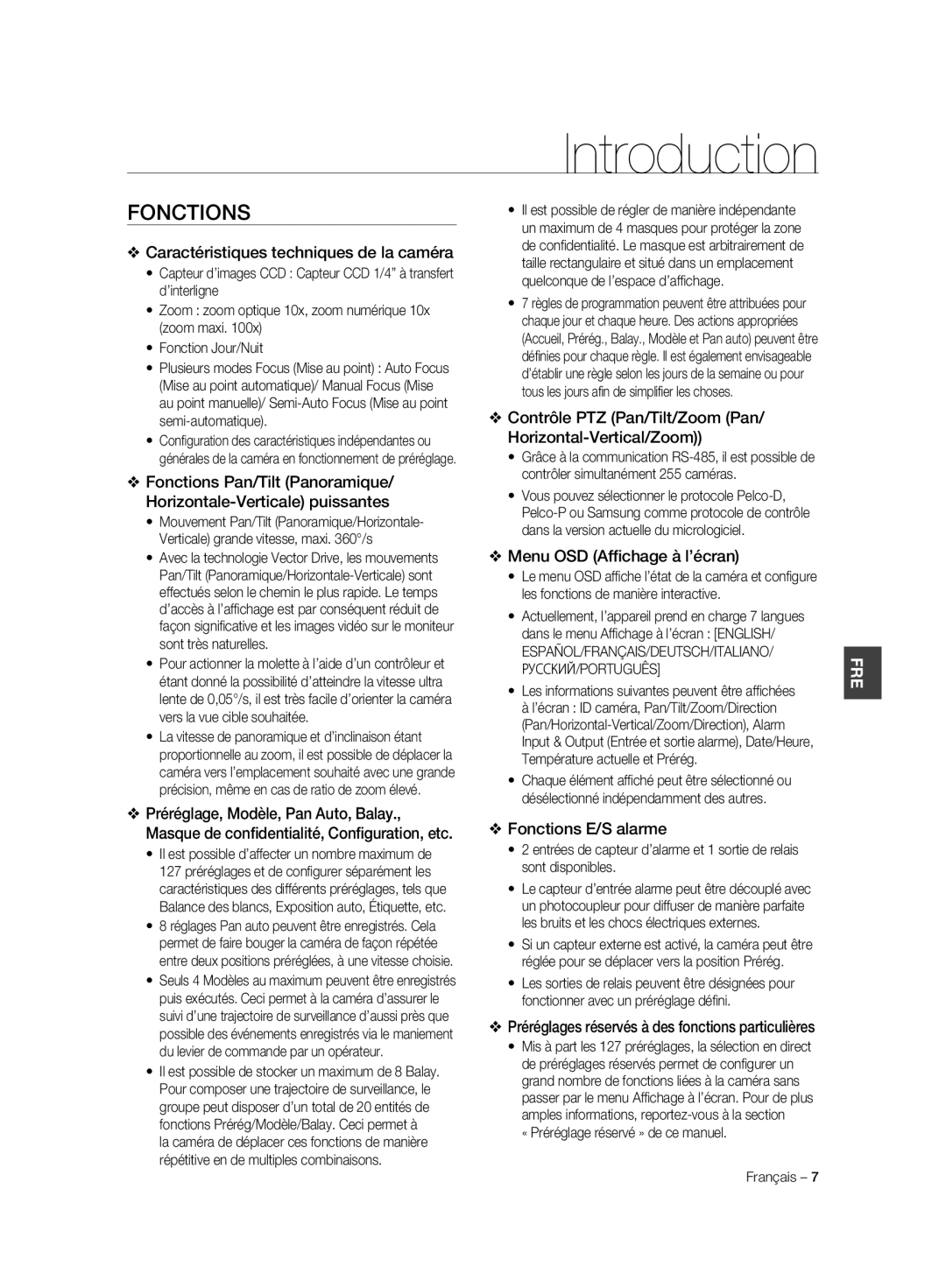 Samsung SCC-C7325P manual Caractéristiques techniques de la caméra, Menu OSD Afﬁchage à l’écran, Fonctions E/S alarme 