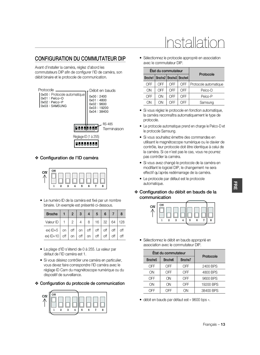 Samsung SCC-C6323P, SCC-C7325P, SCC-C6325P, SCC-C6323N manual Configuration DU Commutateur DIP, Conﬁguration de l’ID caméra 