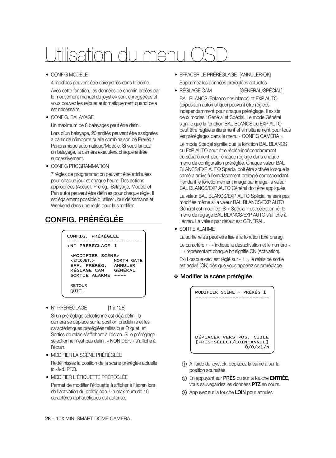 Samsung SCC-C6323P, SCC-C7325P, SCC-C6325P, SCC-C6323N, SCC-C7325N manual CONFIG. Préréglée, Modiﬁer la scène préréglée 