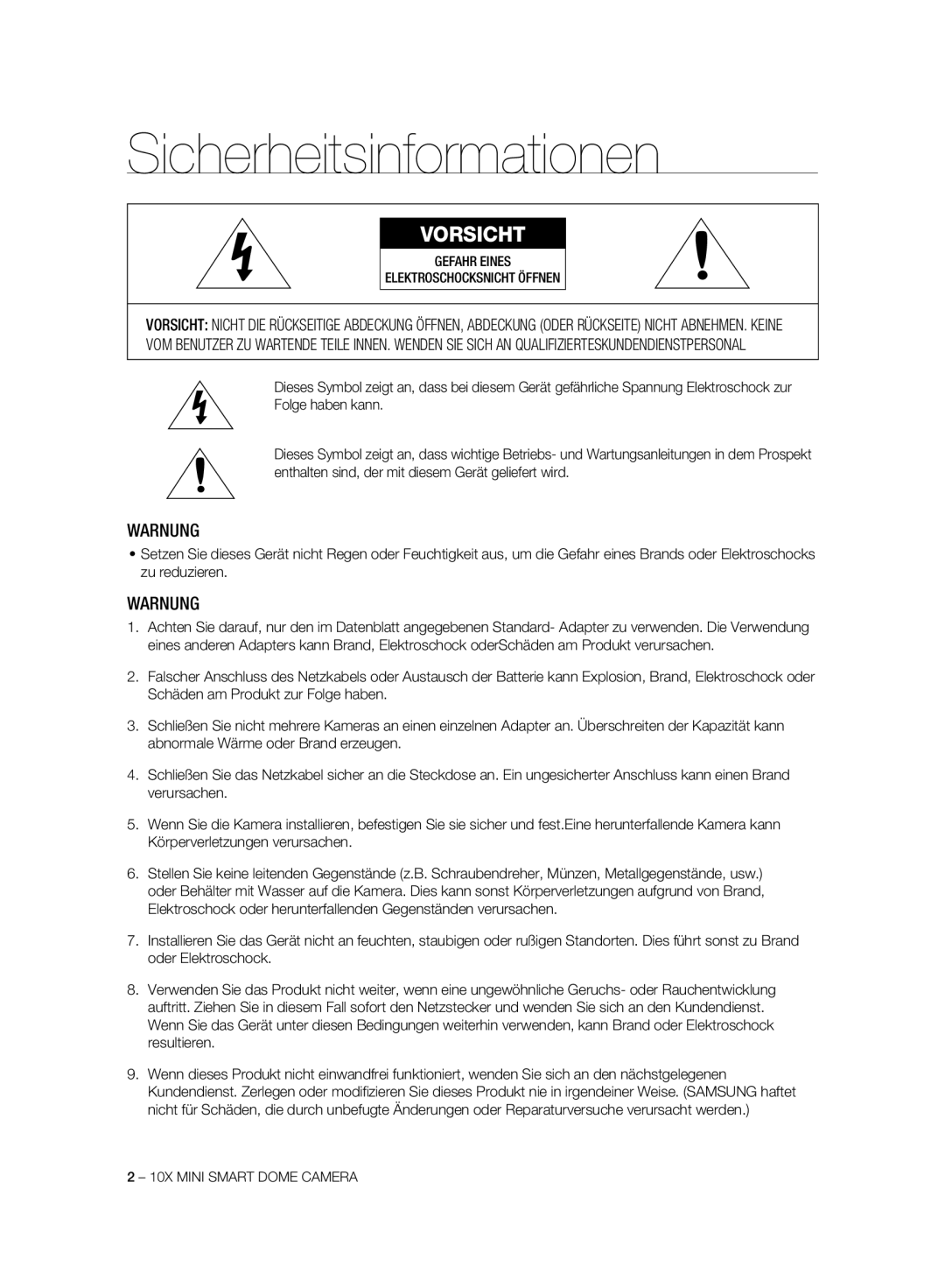 Samsung SCC-C6323N, SCC-C7325P, SCC-C6323P, SCC-C6325P, SCC-C7325N manual Sicherheitsinformationen, Warnung 