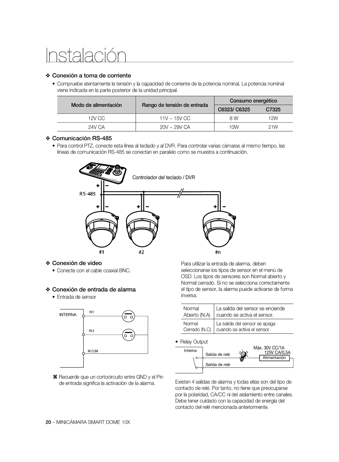 Samsung SCC-C6323P Conexión a toma de corriente, Comunicación RS-485, Conexión de video, Conexión de entrada de alarma 