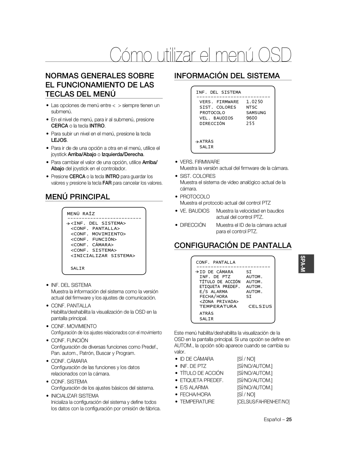 Samsung SCC-C6323P, SCC-C7325P, SCC-C6325P, SCC-C6323N Menú Principal, Información DEL Sistema, Configuración DE Pantalla 