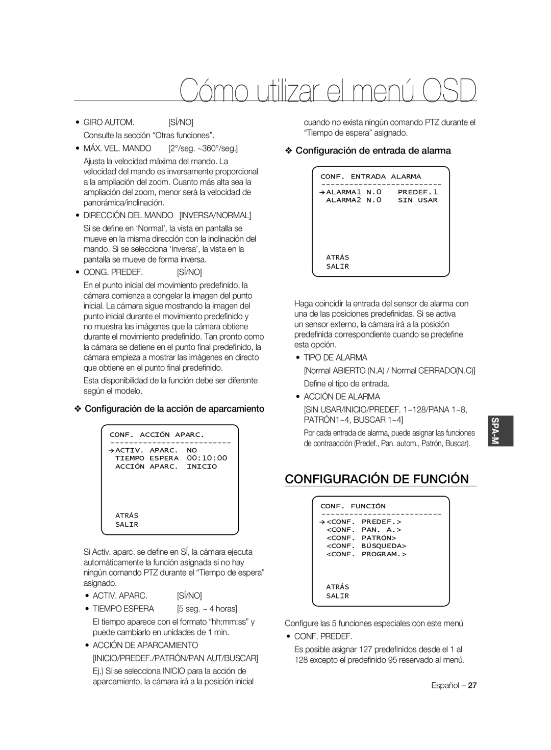 Samsung SCC-C6323N, SCC-C7325P, SCC-C6323P, SCC-C6325P manual Configuración DE Función, Conﬁguración de entrada de alarma 