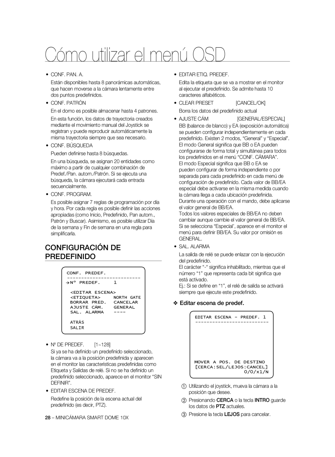 Samsung SCC-C7325N, SCC-C7325P, SCC-C6323P, SCC-C6325P, SCC-C6323N manual Configuración DE Predefinido, Editar escena de predef 