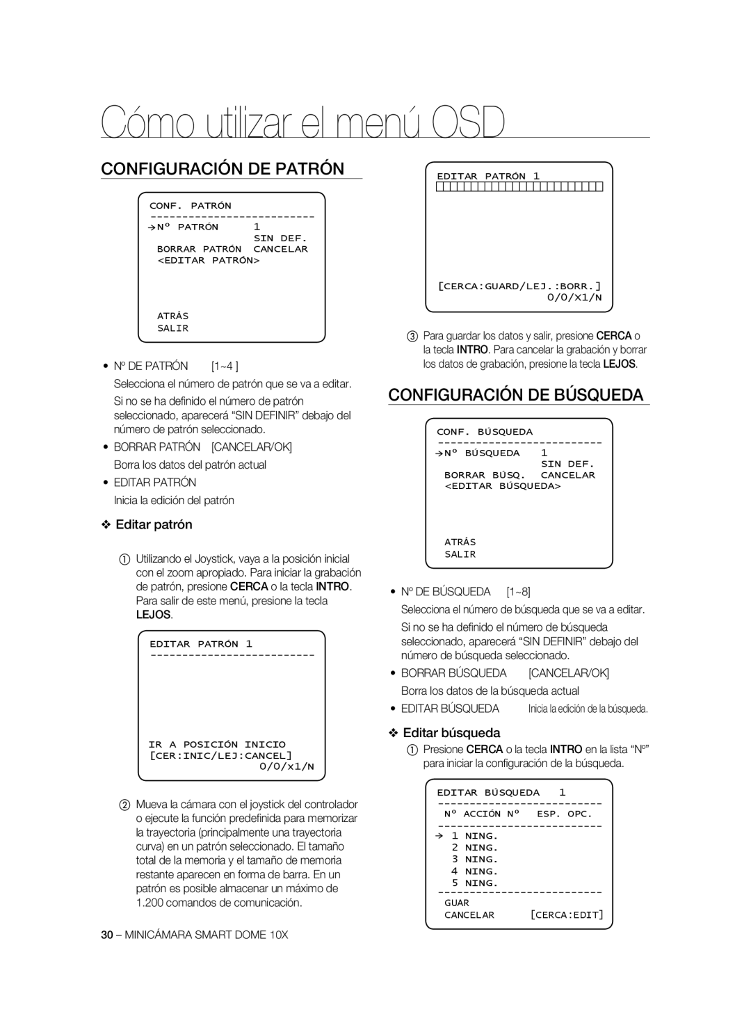 Samsung SCC-C6323P, SCC-C7325P manual Configuración DE Patrón, Configuración DE Búsqueda, Editar patrón, Editar búsqueda 