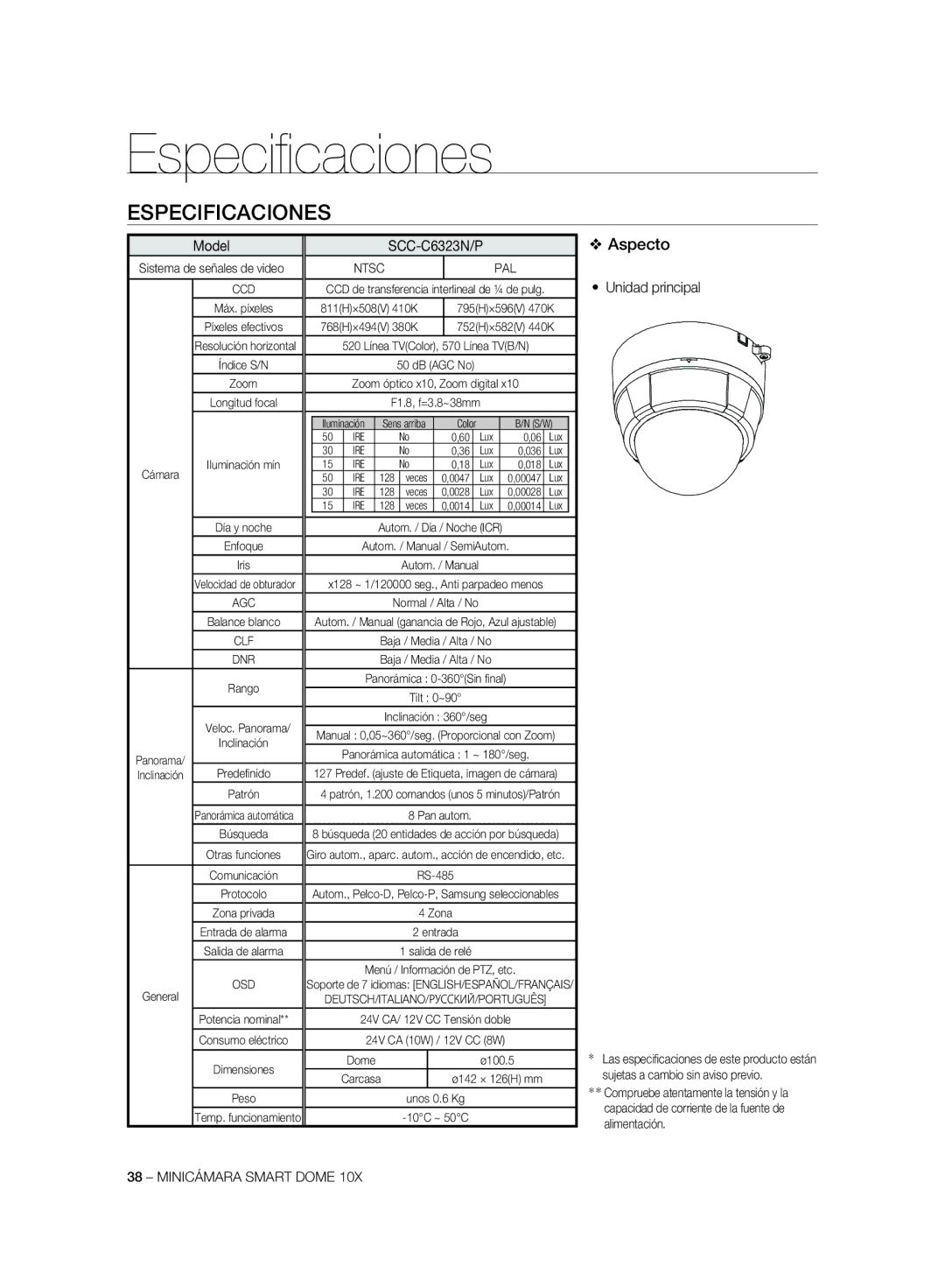 Samsung SCC-C7325N, SCC-C7325P, SCC-C6323P, SCC-C6325P manual Especiﬁ caciones, Especificaciones, Aspecto, Unidad principal 