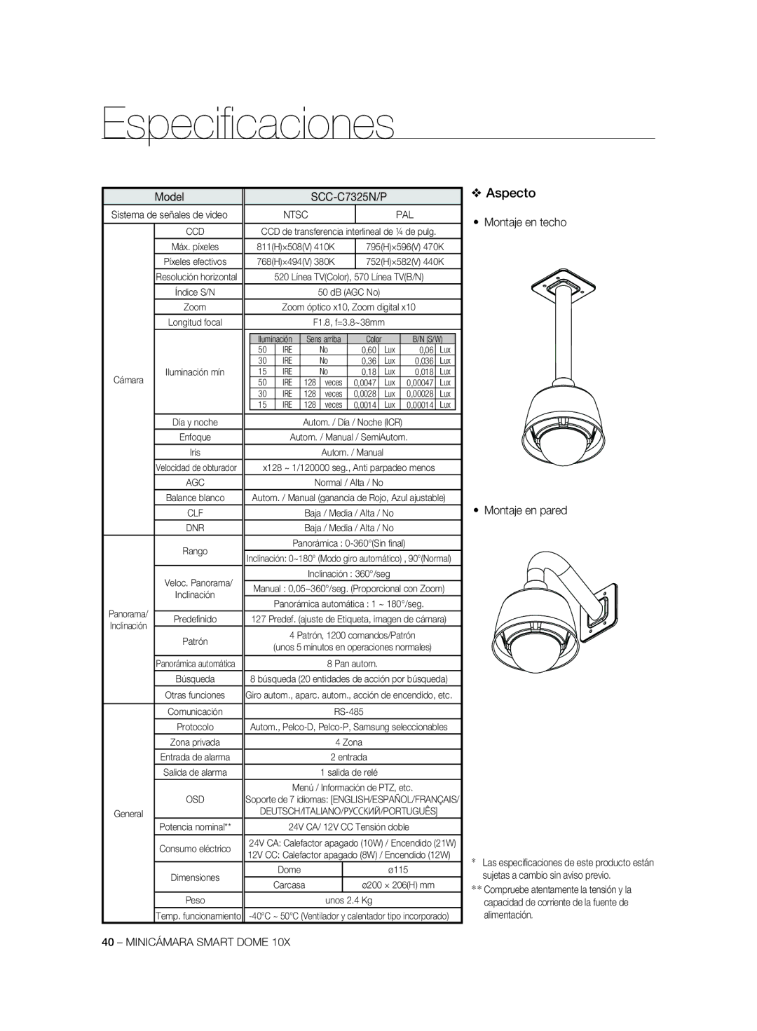 Samsung SCC-C6323P, SCC-C7325P, SCC-C6325P, SCC-C6323N manual Montaje en techo Montaje en pared, 24V CA/ 12V CC Tensión doble 