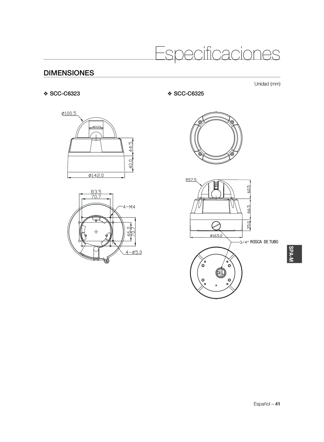 Samsung SCC-C6325P, SCC-C7325P, SCC-C6323P, SCC-C6323N, SCC-C7325N manual Dimensiones, Unidad mm 