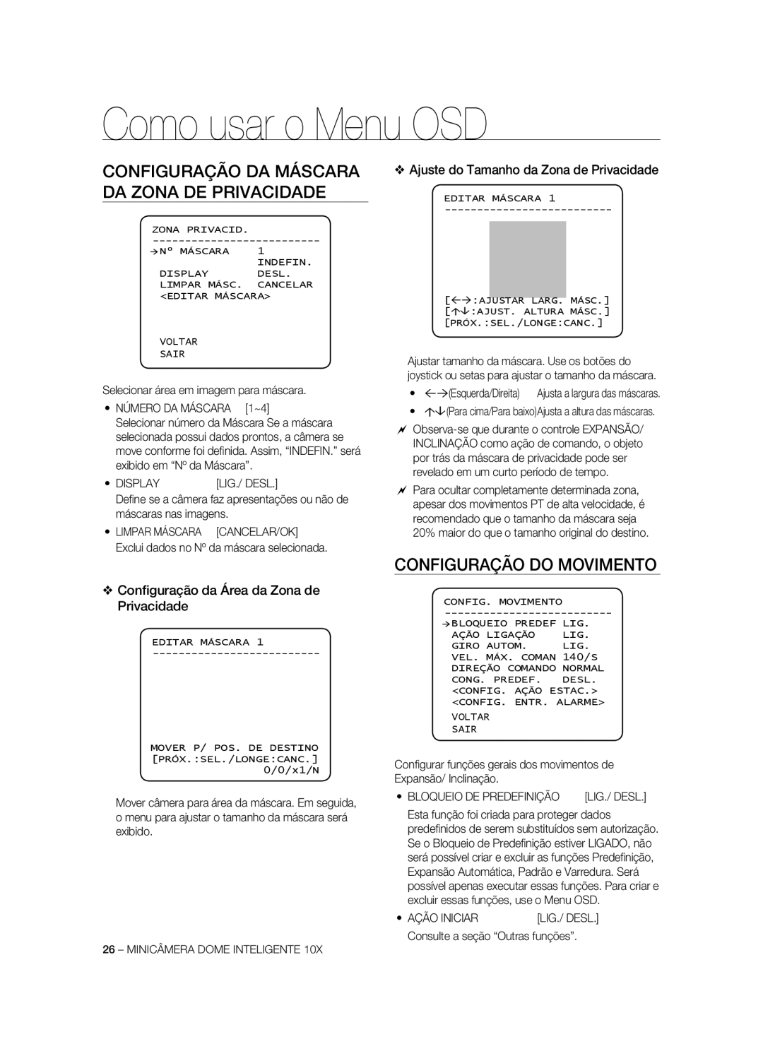 Samsung SCC-C7325P manual Como usar o Menu OSD, Configuração DA Máscara DA Zona DE Privacidade, Configuração do Movimento 