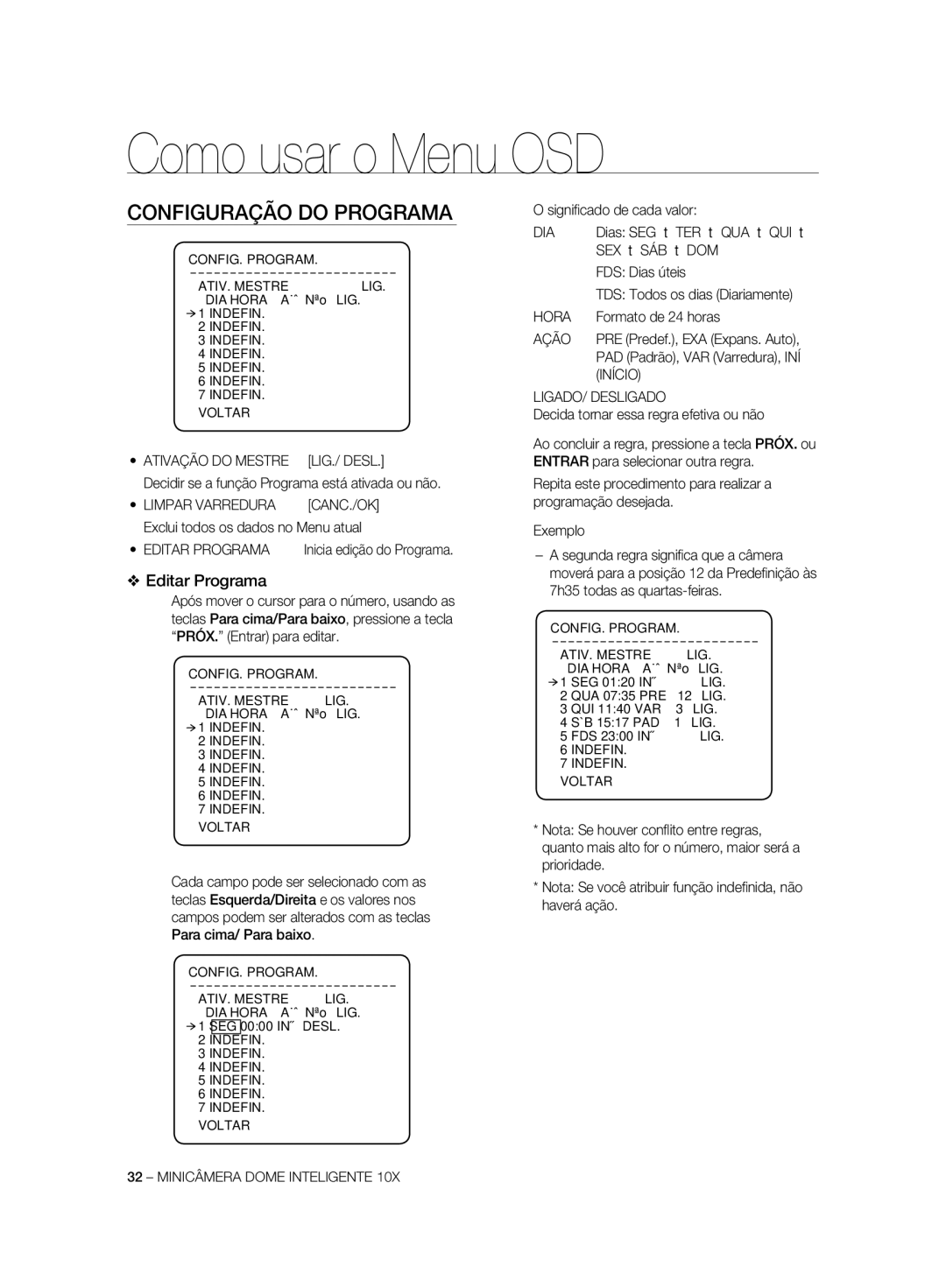 Samsung SCC-C6323P, SCC-C7325P, SCC-C6325P, SCC-C6323N, SCC-C7325N manual Configuração do Programa, Editar Programa 