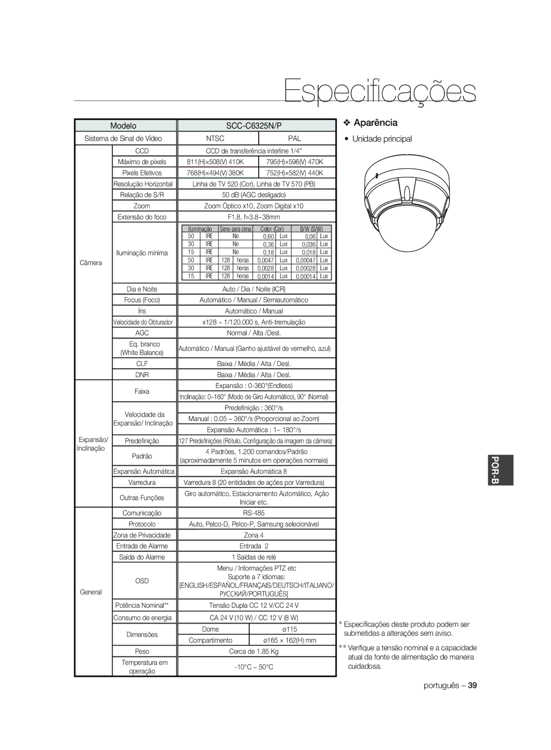 Samsung SCC-C6323N, SCC-C7325P, SCC-C6323P, SCC-C6325P, SCC-C7325N manual Baixa / Média / Alta / Desl Expansão 0-360Endless 