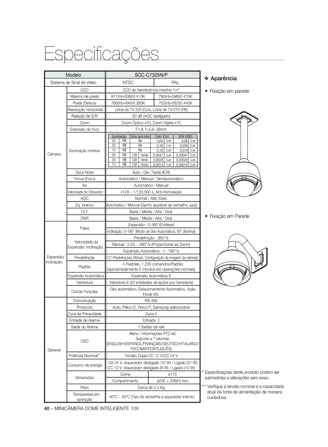 Samsung SCC-C7325N, SCC-C7325P, SCC-C6323P, SCC-C6325P manual Fixação em parede Fixação em Parede, Tensão Dupla CC 12 V/CC 24 