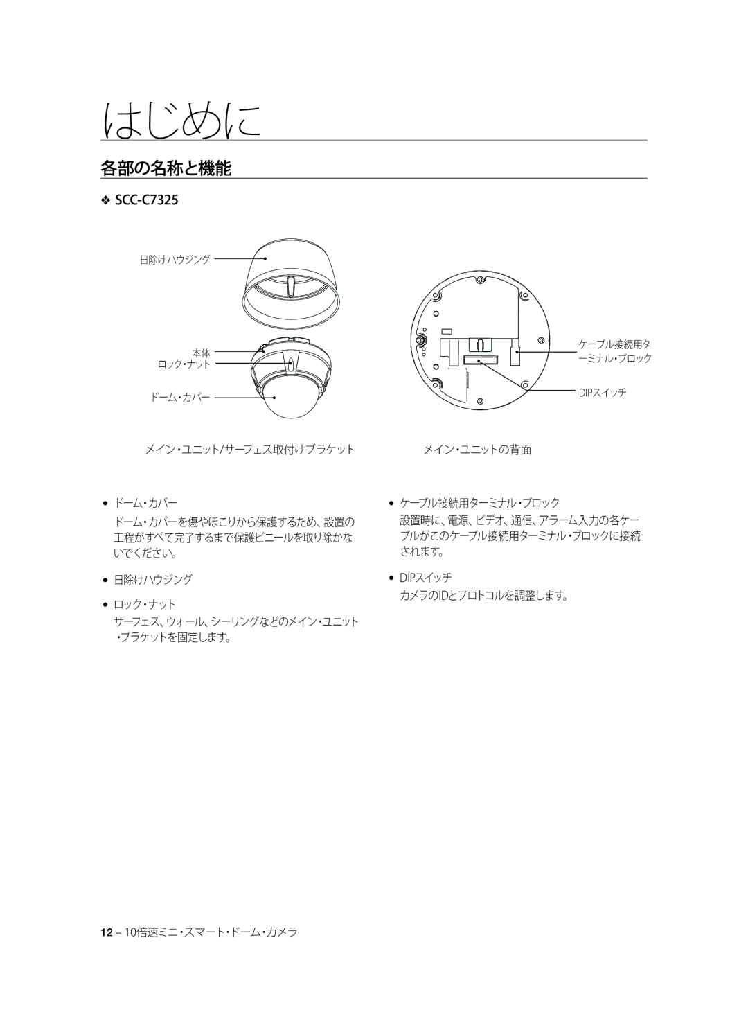 Samsung SCC-C7325N, SCC-C7325P, SCC-C6323P, SCC-C6325P manual メイン・ユニット/サーフェス取付けブラケットメイン・ユニットの背面 ドーム・カバー, 日除けハウジング ロック・ナット 