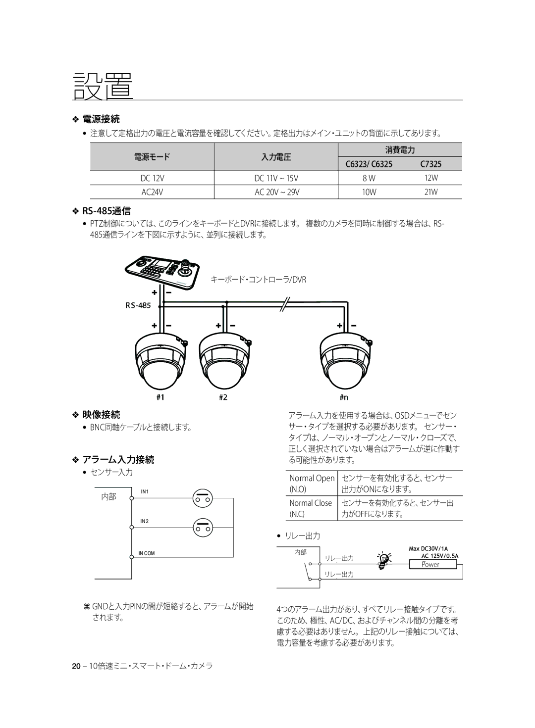 Samsung SCC-C6325P, SCC-C7325P, SCC-C6323P, SCC-C6323N, SCC-C7325N manual 電源接続, RS-485通信, 映像接続, アラーム入力接続 