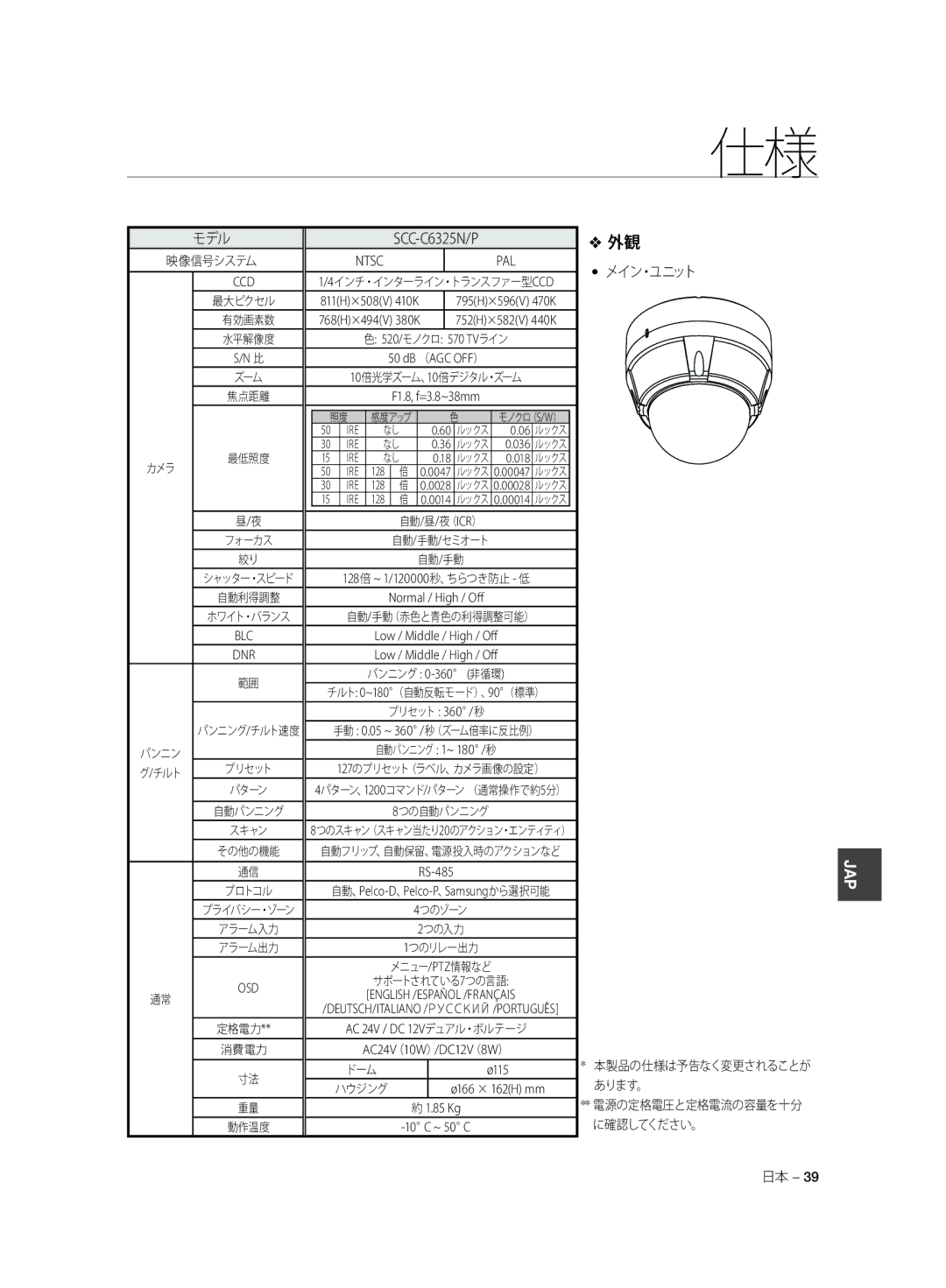 Samsung SCC-C6323P, SCC-C7325P, SCC-C6325P, SCC-C6323N, SCC-C7325N manual Low / Middle / High / Oﬀ パンニング 0-360 非循環 