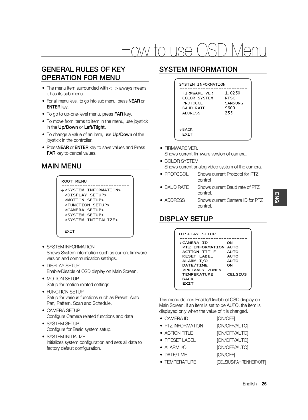 Samsung SCC-C7325P, SCC-C6323P manual General Rules of KEY Operation for Menu, Main Menu, System Information, Display Setup 