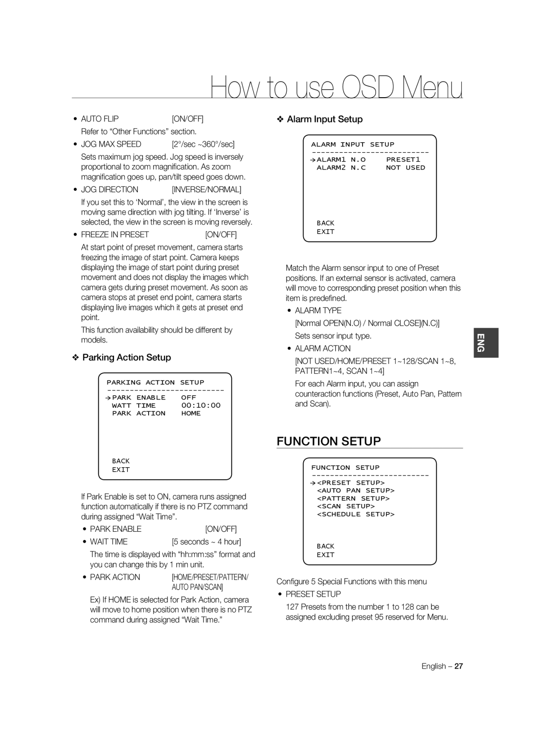 Samsung SCC-C6325P, SCC-C7325P, SCC-C6323P, SCC-C6323N, SCC-C7325N Function Setup, Parking Action Setup, Alarm Input Setup 