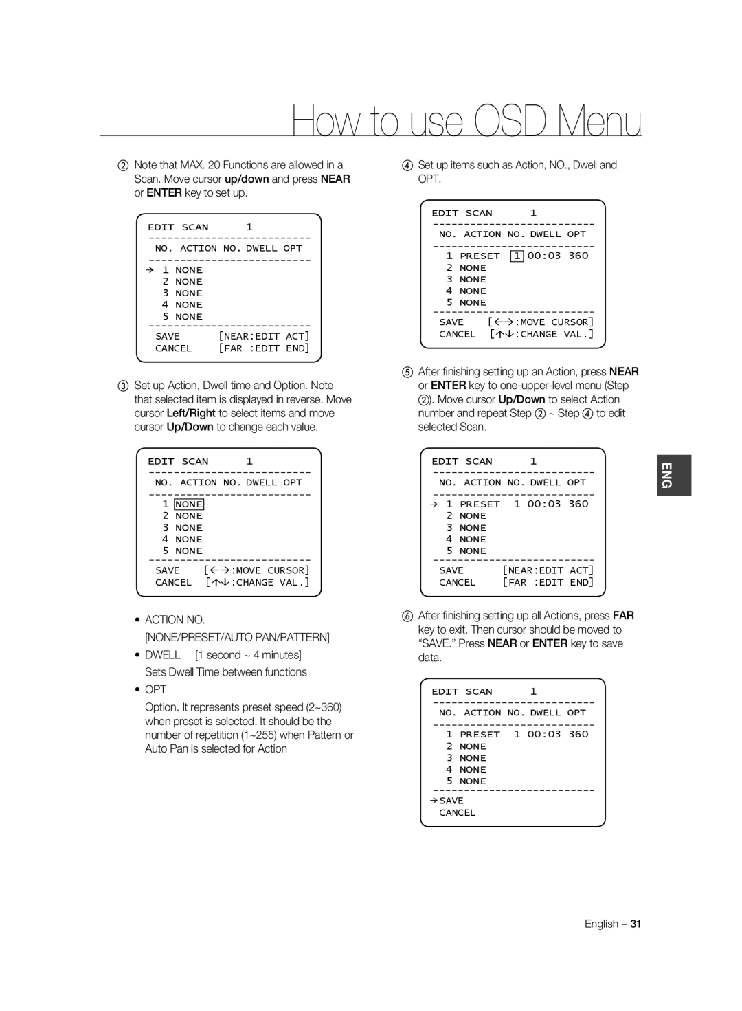 Samsung SCC-C6323P manual ④ Set up items such as Action, NO., Dwell and OPT, Action no NONE/PRESET/AUTO PAN/PATTERN, Opt 