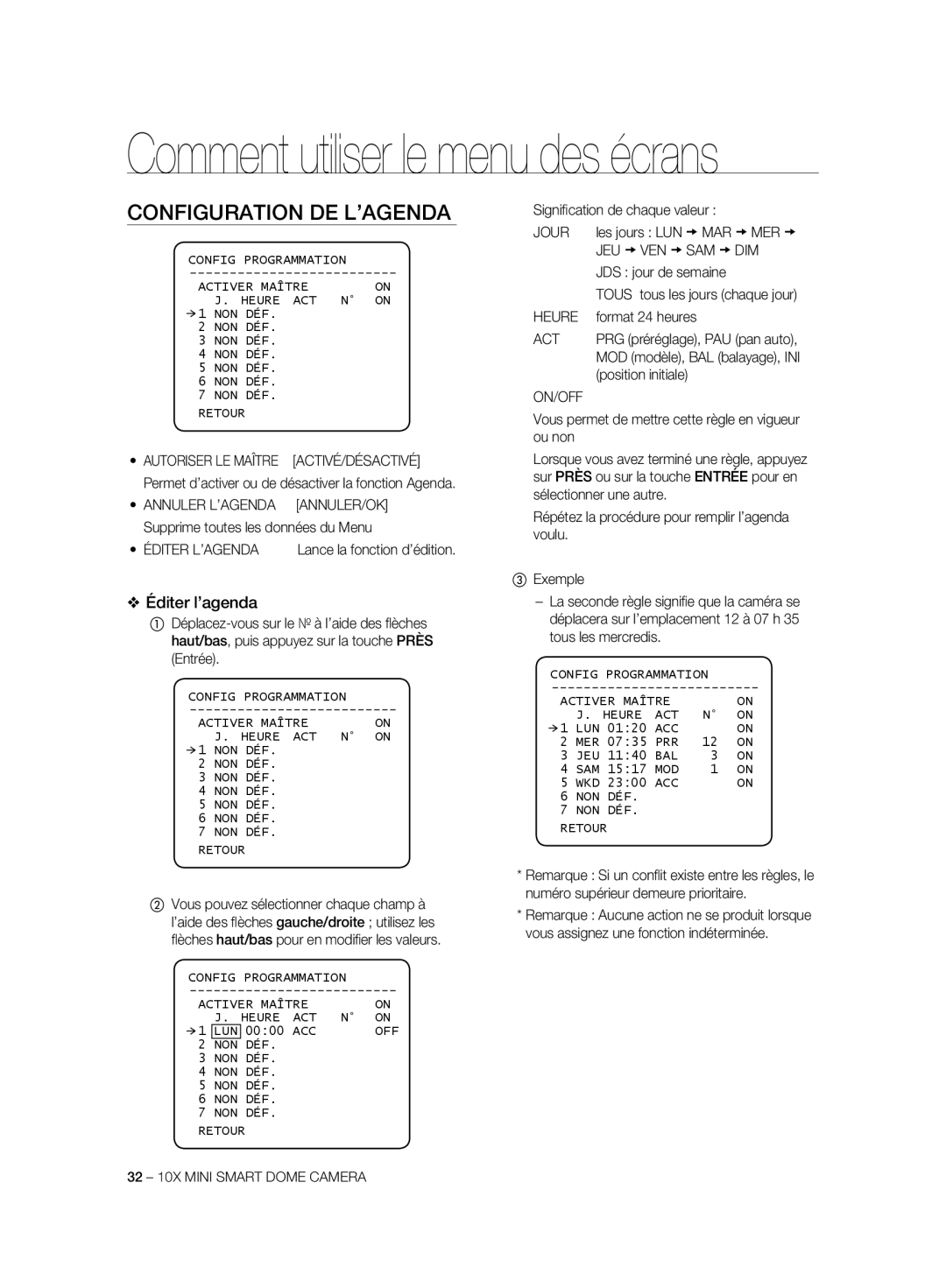 Samsung SCC-C7325P, SCC-C6323P, SCC-C6325P, SCC-C6323N, SCC-C7325N manual Configuration DE L’AGENDA, Éditer l’agenda 