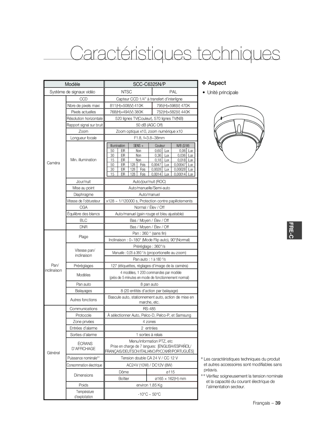 Samsung SCC-C6325P, SCC-C7325P, SCC-C6323P, SCC-C6323N, SCC-C7325N manual Caractéristiques techniques 