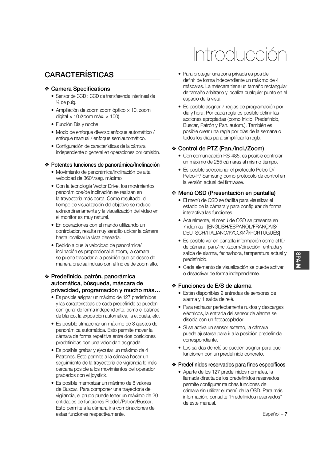 Samsung SCC-C6323N manual Introducción, Características, Control de PTZ Pan./Incl./Zoom, Menú OSD Presentación en pantalla 