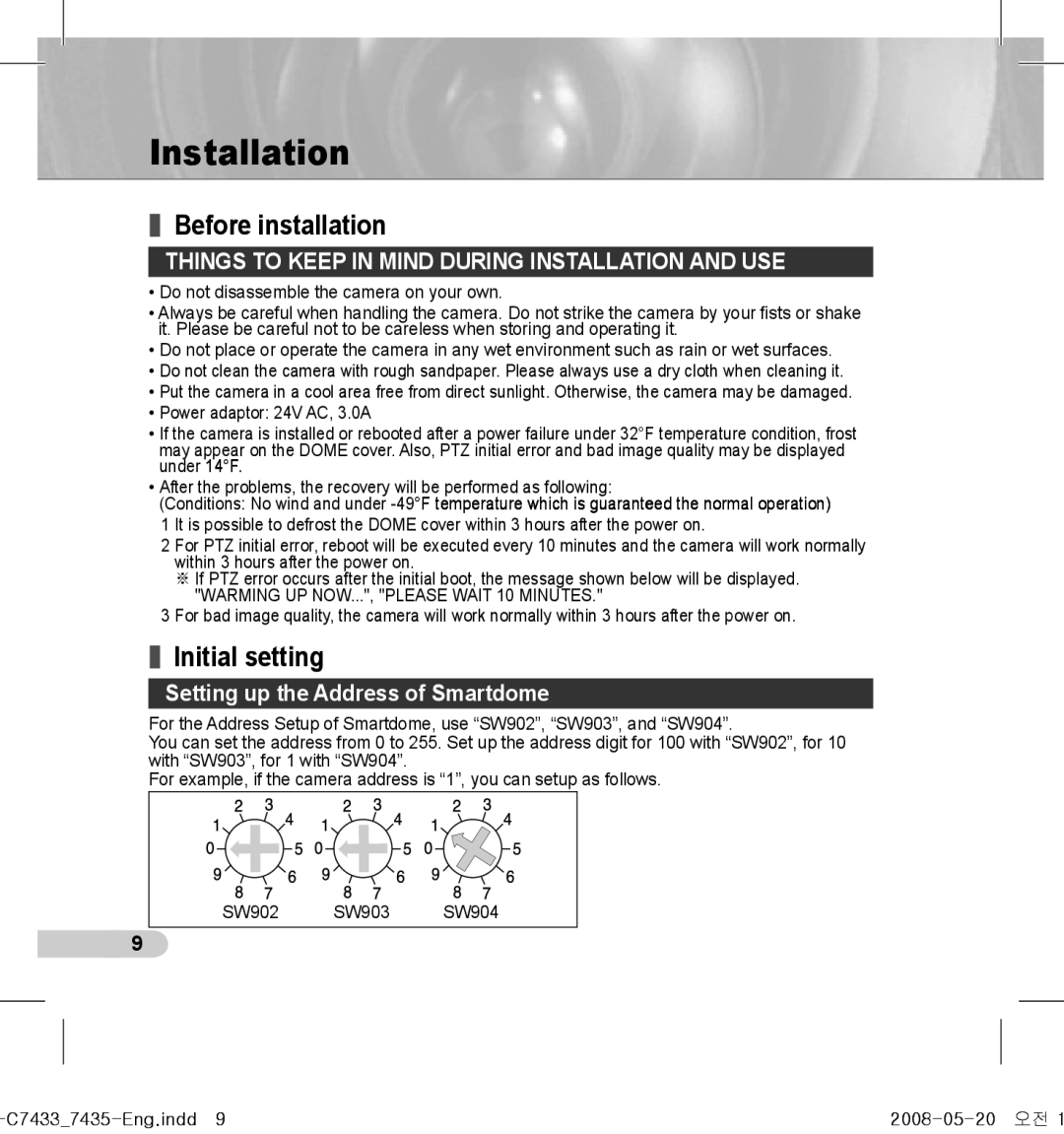 Samsung SCC-C7435(P) manual Before installation, Initial setting, Things to Keep in Mind During Installation and USE 