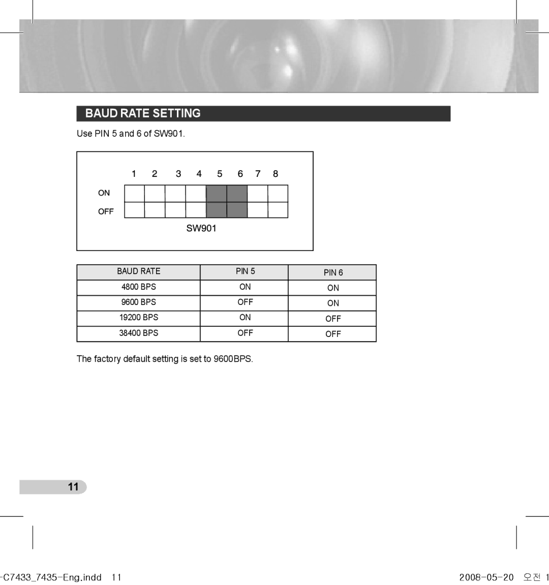 Samsung SCC-C7435(P), SCC-C7433(P) manual Baud Rate Setting, Use PIN 5 and 6 of SW901 