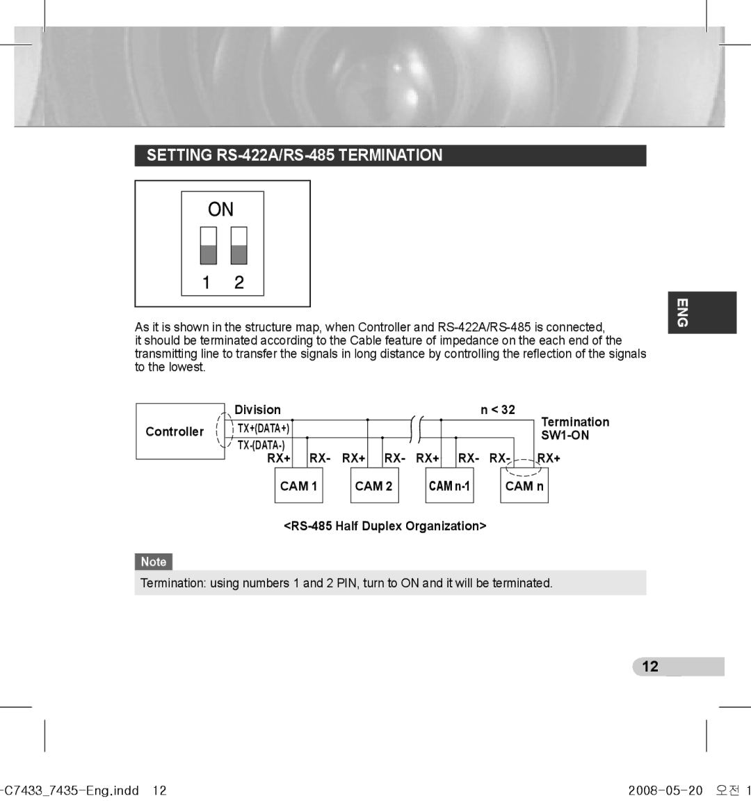 Samsung SCC-C7433(P), SCC-C7435(P) manual Setting RS-422A/RS-485 Termination, C74337435-Eng.indd12 