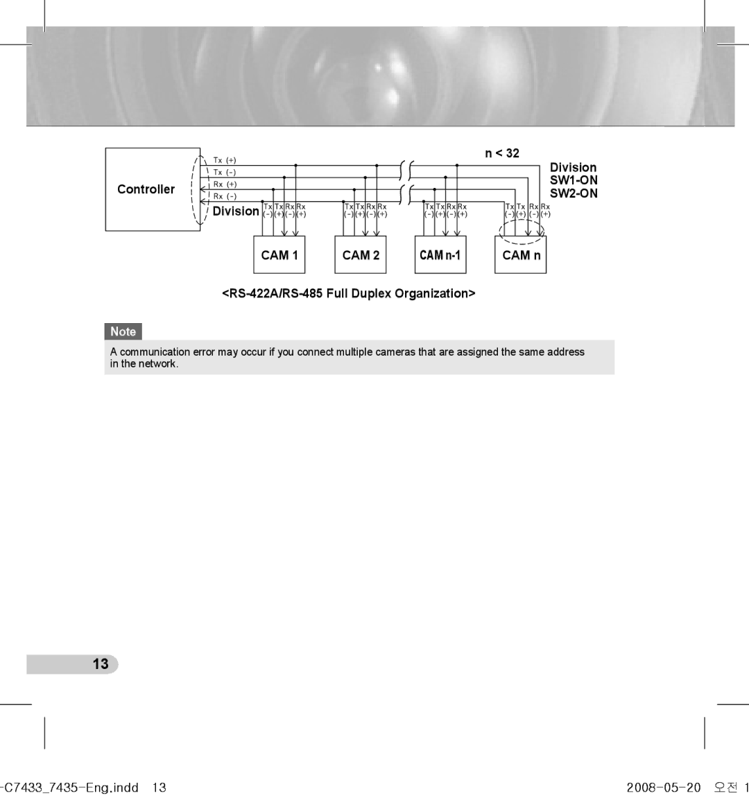 Samsung SCC-C7435(P), SCC-C7433(P) manual CAM n-1 RS-422A/RS-485 Full Duplex Organization, C74337435-Eng.indd13 