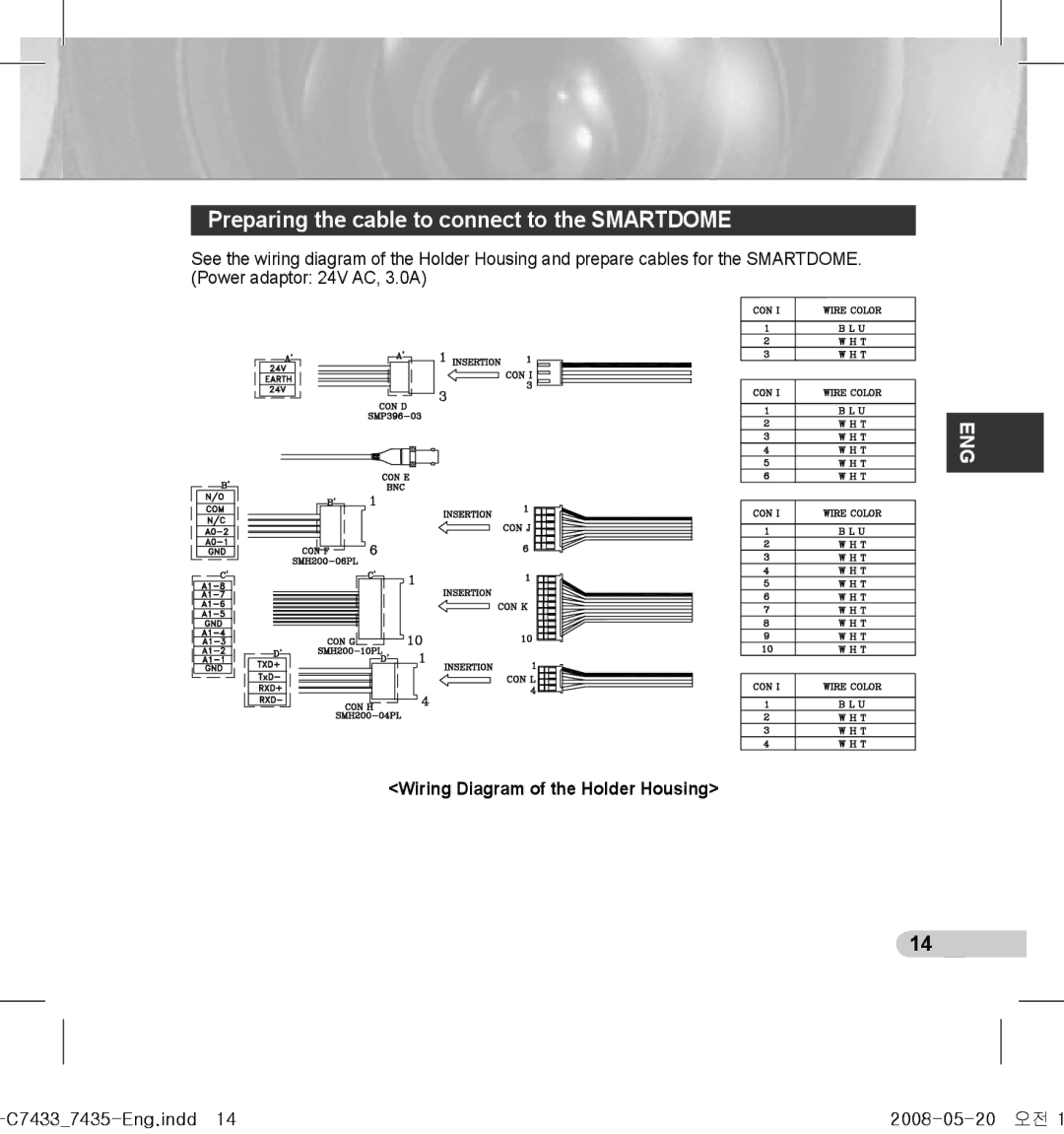 Samsung SCC-C7433(P), SCC-C7435(P) manual Preparing the cable to connect to the Smartdome, C74337435-Eng.indd14 