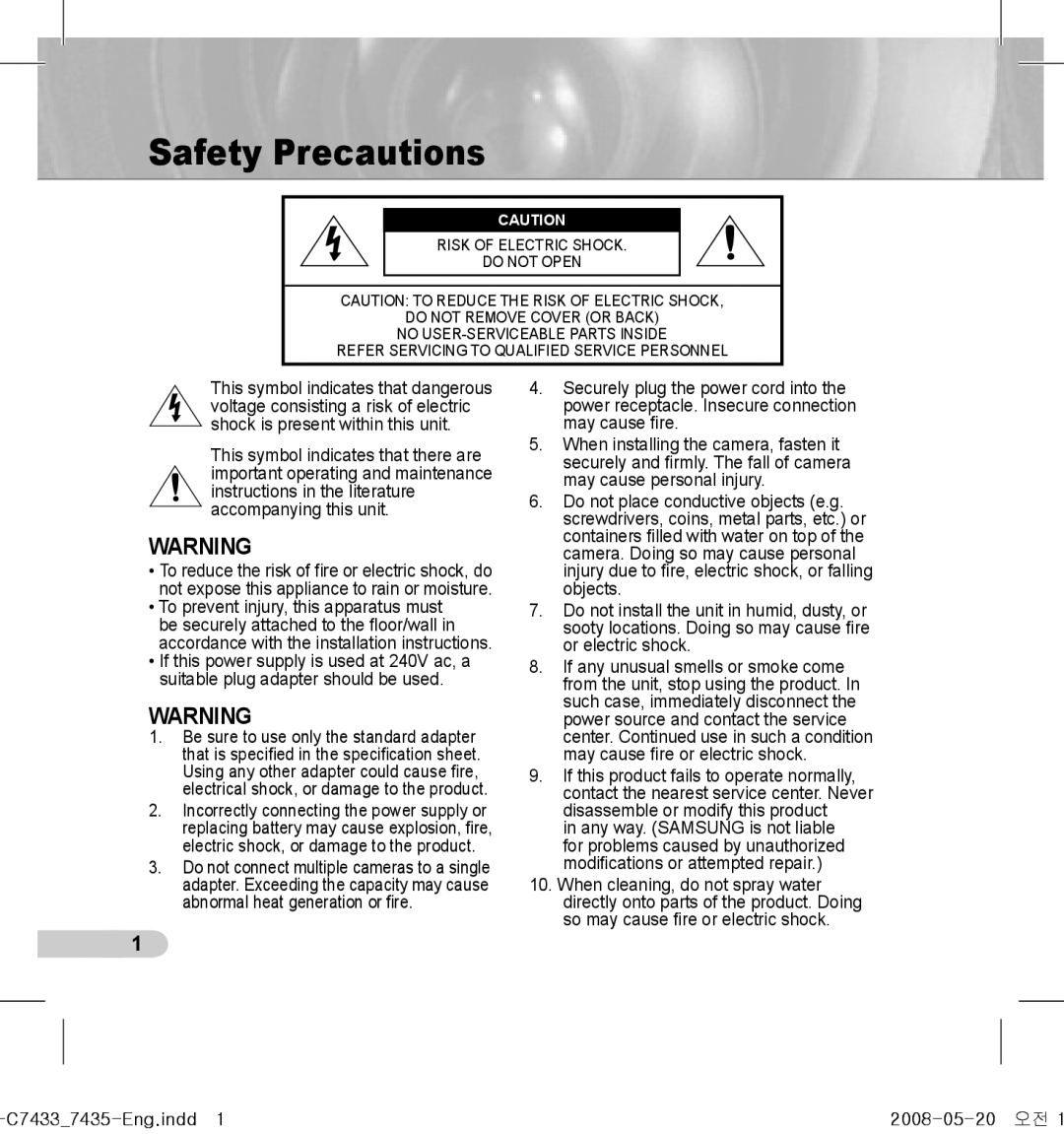 Samsung SCC-C7435(P), SCC-C7433(P) manual Safety Precautions 