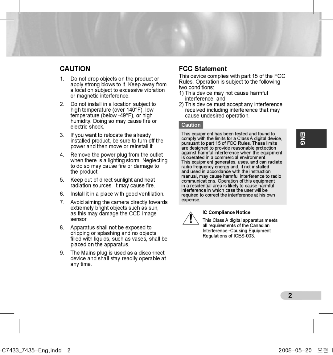 Samsung SCC-C7433(P), SCC-C7435(P) manual FCC Statement, C74337435-Eng.indd2 