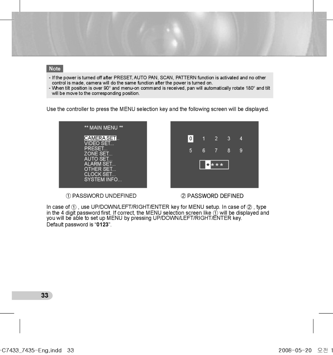 Samsung SCC-C7435(P), SCC-C7433(P) manual ① Password Undefined ② Password Defined 