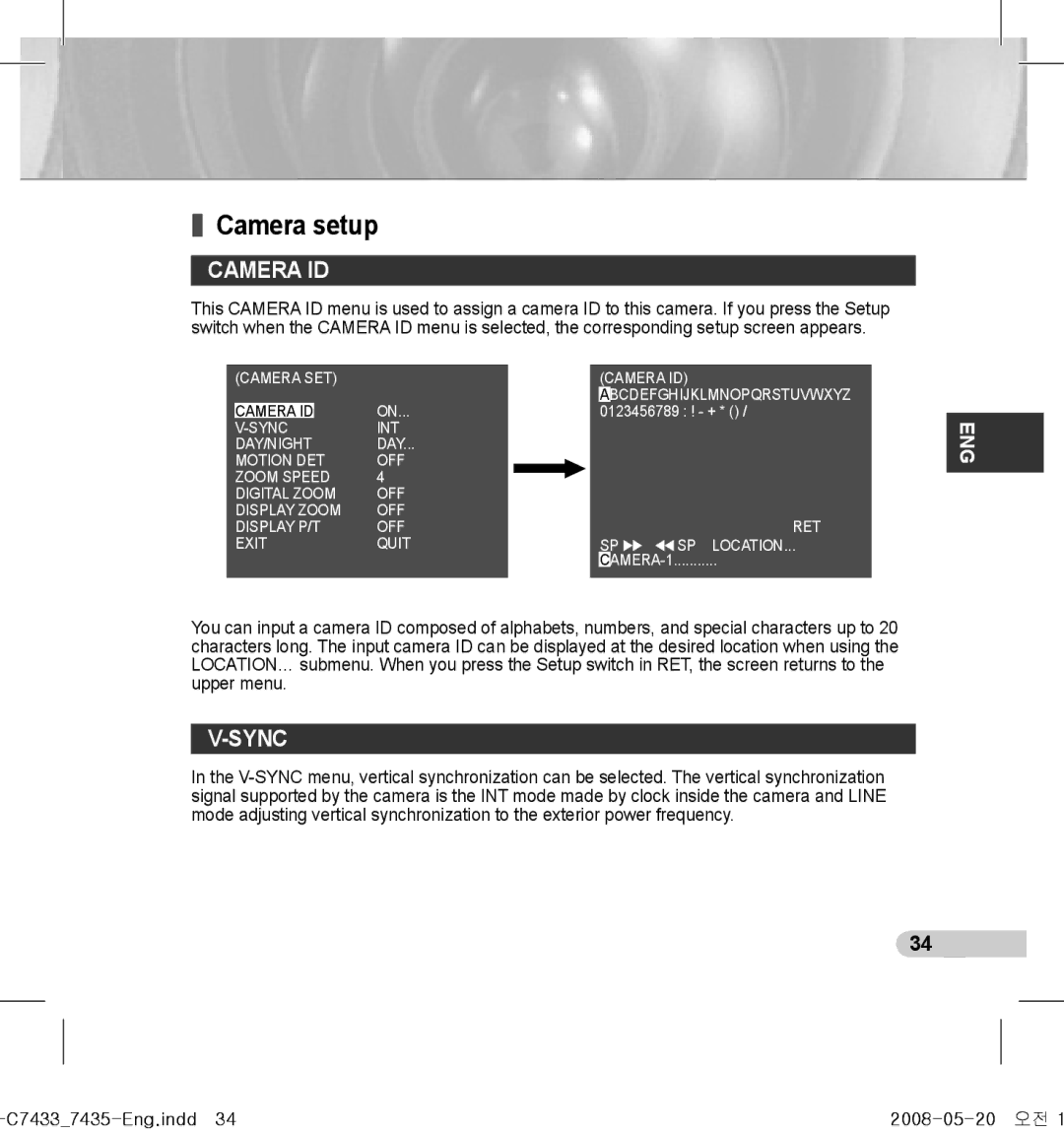 Samsung SCC-C7433(P), SCC-C7435(P) manual Camera setup, Camera ID, Sync 