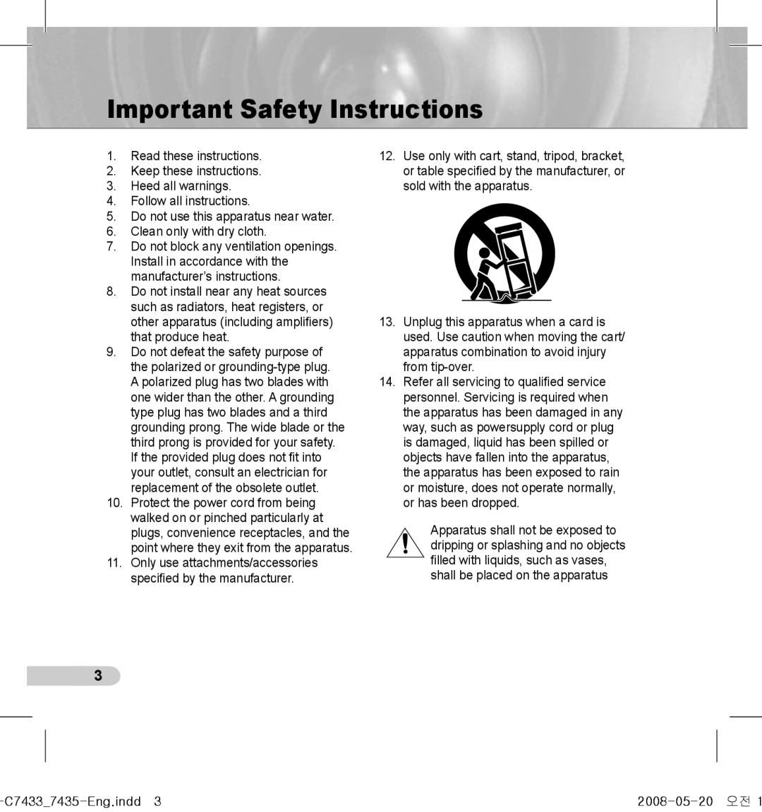 Samsung SCC-C7435(P), SCC-C7433(P) manual Important Safety Instructions 