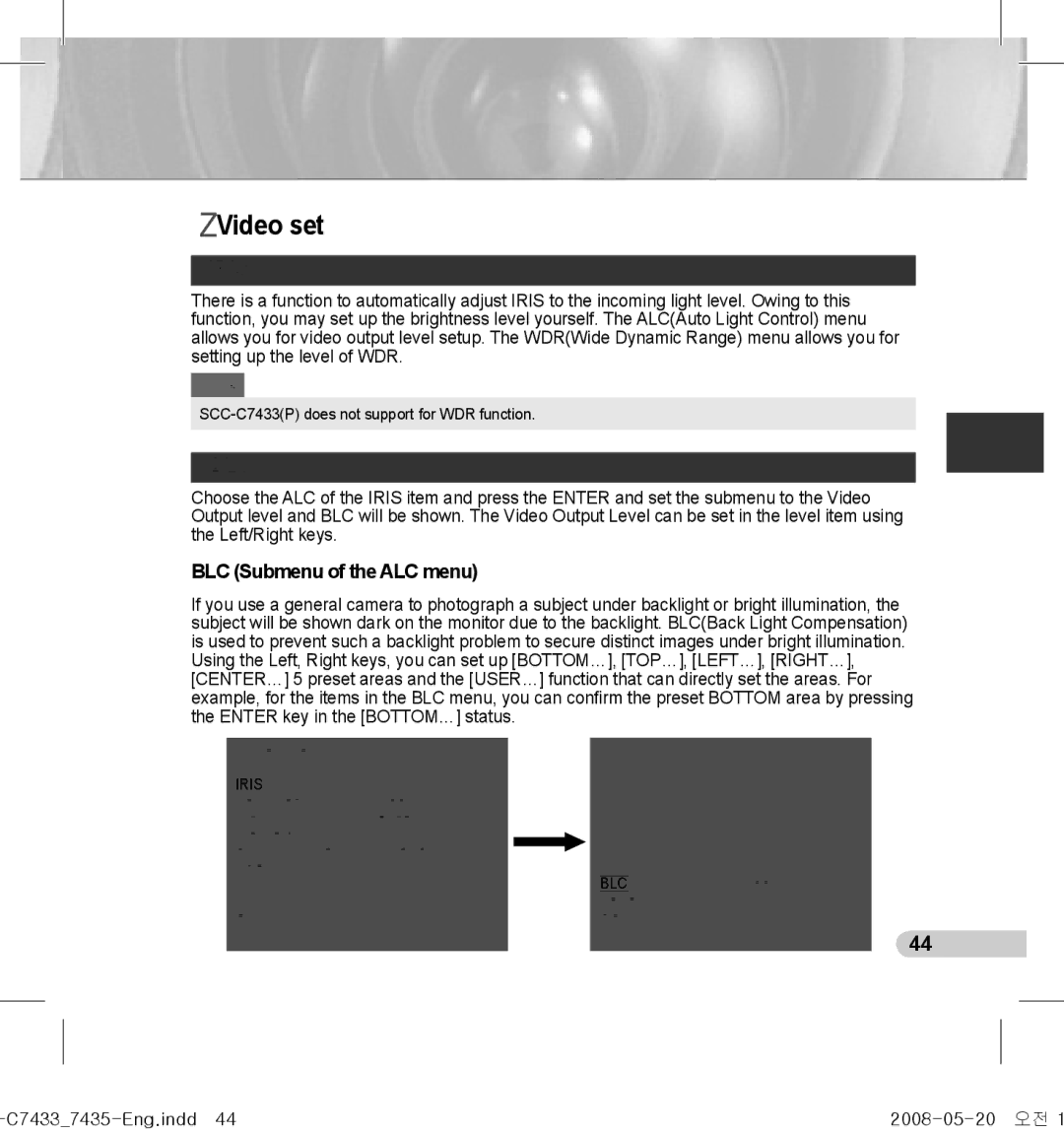 Samsung SCC-C7433(P), SCC-C7435(P) manual Video set, Iris, Alc, C74337435-Eng.indd44 