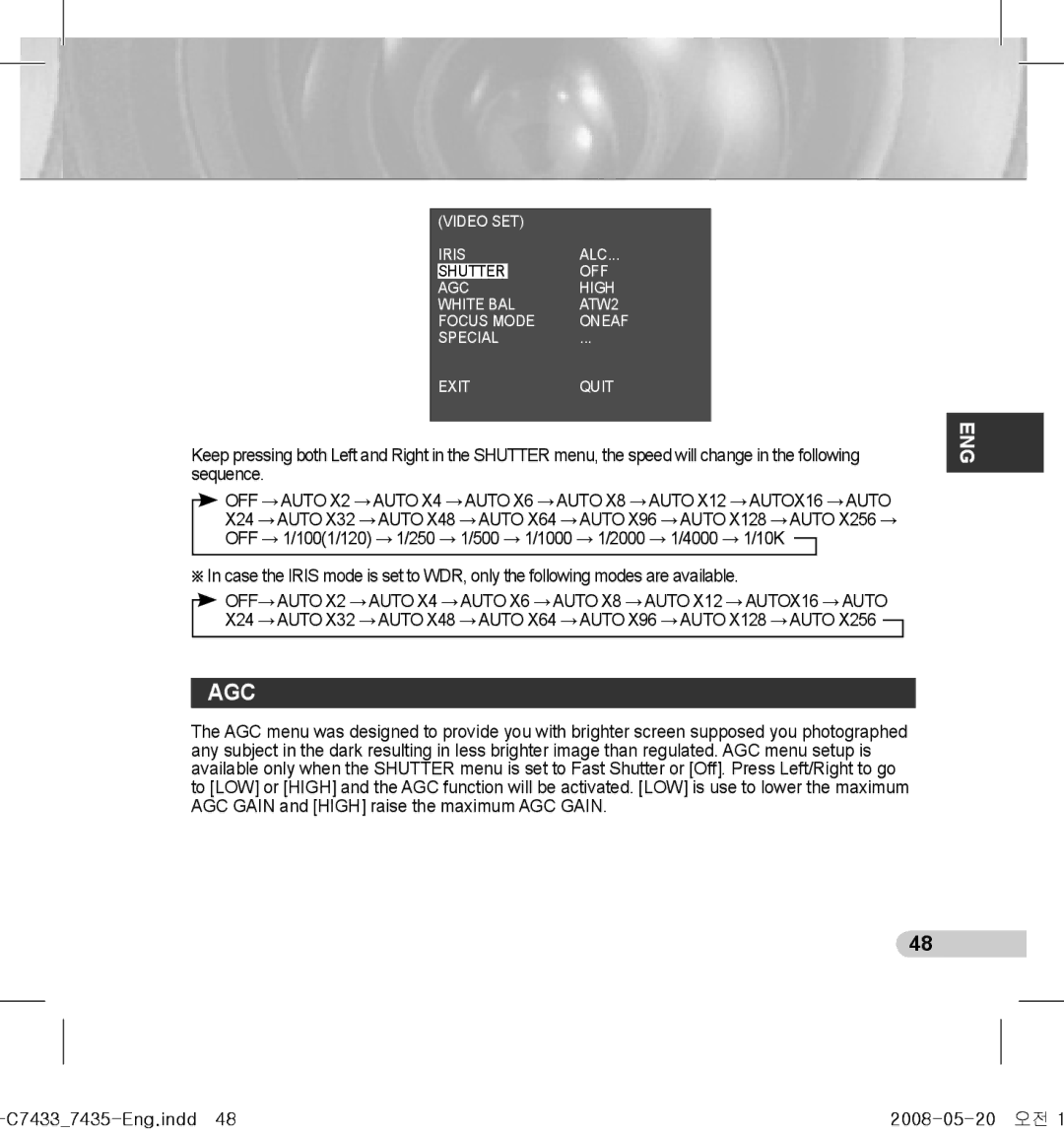 Samsung SCC-C7433(P), SCC-C7435(P) manual Agc, C74337435-Eng.indd48 