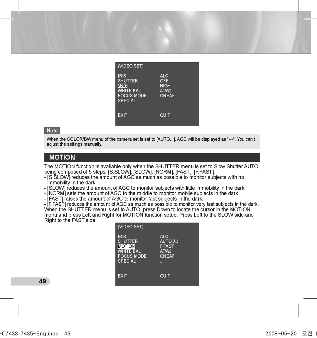 Samsung SCC-C7435(P), SCC-C7433(P) manual Motion, C74337435-Eng.indd49 