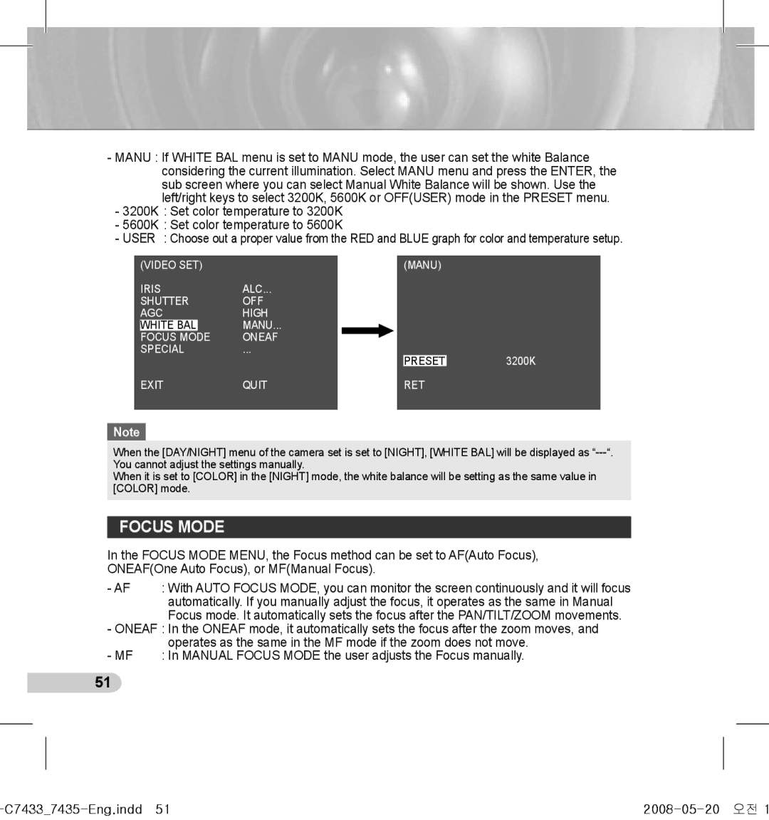 Samsung SCC-C7435(P), SCC-C7433(P) manual Focus Mode, C74337435-Eng.indd51 