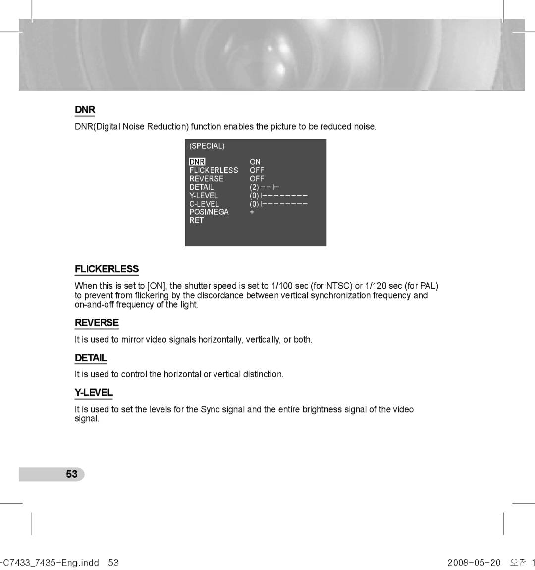 Samsung SCC-C7435(P), SCC-C7433(P) manual Dnr, Flickerless, Reverse, Detail, Level 